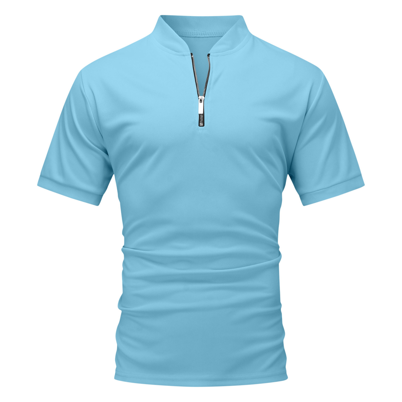 thumbnail image 4 of Blusa de manga corta con cuello alto y cremallera para hombre - Camisa informal de poliéster liso - Oficina/cita/fiesta de verano, 4 of 5